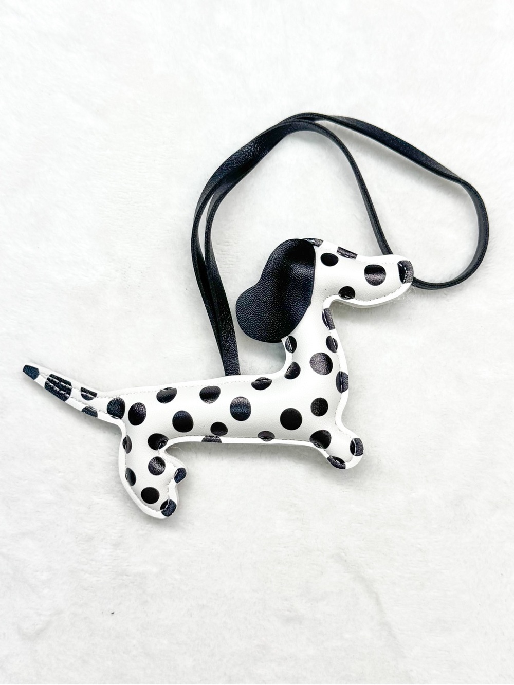 Retro Polka Dot Dog Purse Charm Black & White Faux Leather Bag Hanger